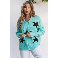 Green V Neck Star Pattern Hooded Sweater with Slits - S thumbnail