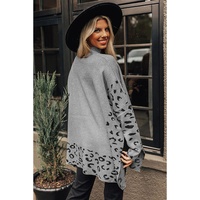 Gray Leopard High Neck Side Slit Oversized Sweater - L thumbnail