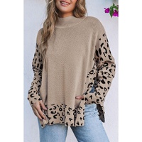 Khaki Leopard High Neck Side Slit Oversized Sweater - S thumbnail