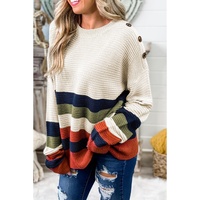 White Buttoned Shoulder Drop Shoulder Striped Sweater - S thumbnail