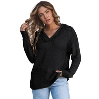 Black V Neck Ribbed Drop Shoulder Hooded Sweater - L thumbnail