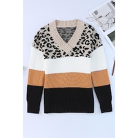 Khaki Leopard Color Block Long Sleeve Sweater - L thumbnail