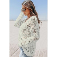 White Hollow Out Crochet V Neck Pullover Sweater - XL thumbnail