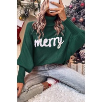 Blackish Green Merry Letter Embroidered High Neck Sweater - S thumbnail
