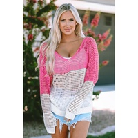 Pink Color Block Eyelet Long Sleeve Twisted Back Knit Top - L thumbnail