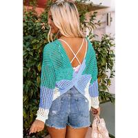 Azura Exchange Eyelet Long Sleeve Twisted Back Knit Top - M thumbnail