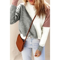 Gray Colorblock Ribbed Trim Round Neck Sweater - L thumbnail
