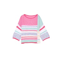 Pink Color Block Striped Three-Quarter Sleeve Knitted Top - XL thumbnail