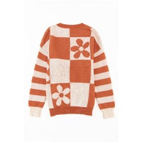 Brown Checkered Floral Print Striped Sleeve Sweater - XL thumbnail