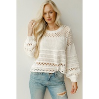 White Solid Color Pointelle Knit Puff Sleeve Sweater - L thumbnail