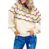 White Wavy Striped Pointelle Bishop Sleeve Sweater - S thumbnail