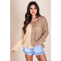 Khaki Long Sleeve V-Neck Colorblock Sweater - XL thumbnail