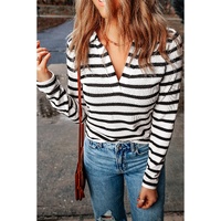 Stripe Collared V Neck Lightweight Knit Casual Sweater - M thumbnail