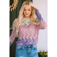 Pink Color Block Hollow Knitted Loose Sweater - L thumbnail