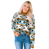 Brown Aztec Striped Knit Ribbed Trim Sweater - M thumbnail
