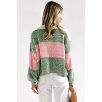 Green Colorblock Drop Shoulder Pullover Loose Sweater - M thumbnail