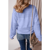 Sky Blue Eyelet Pattern Detail V Neck Drop Shoulder Sweater - M thumbnail