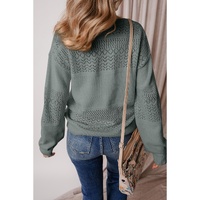 Mist Green Eyelet Pattern Detail V Neck Drop Shoulder Sweater - S thumbnail