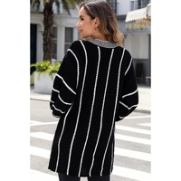 Black Colorblock Striped V Neck Knitted Loose Sweater - L thumbnail