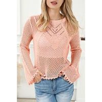 Pink Hollowed Eyelets Knit Bell Sleeve Sweater - S thumbnail