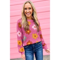 Pink Sweet Flower Knitted Ribbed Hem Sweater - S thumbnail