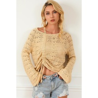 Khaki Hollowed Knit Asymmetric Drawstring Sweater - M thumbnail