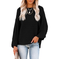 Black Exposed Seam Ribbed Knit Dolman Top - L thumbnail