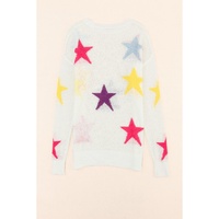 White Colorful Star Pattern Loose Sweater - M thumbnail