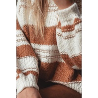 White Striped Knit Puff Sleeve Casual Sweater - M thumbnail