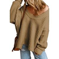 Khaki Ribbed Knit Round Neck Slouchy Chunky Sweater - L thumbnail