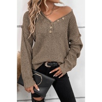 Khaki Pointelle Knit Button V Neck Drop Shoulder Sweater - XL thumbnail