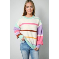 Multicolor Striped Colorblock Drop Shoulder Sweater - L thumbnail