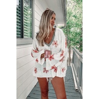White Floral Print Lightweight Knit Hooded Sweater - S thumbnail