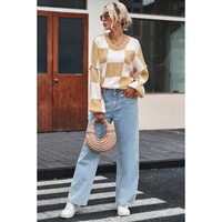 Khaki Checkered Bishop Sleeve Sweater - M thumbnail