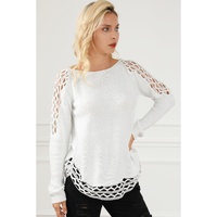 White Solid Scoop Neck Hollow Out Sweater - L thumbnail
