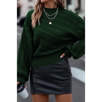 Blackish Green Mock Neck Lantern Sleeve Cable Knit Sweater - L thumbnail