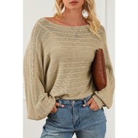 Apricot Lantern Sleeve Eyelets Textured Knit Sweater - S thumbnail