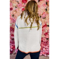 White Colorful Edge Quarter Zip Drop Shoulder Sweater - L thumbnail
