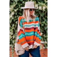 Multicolor Color Block Striped Loose Sleeve Sweater - S thumbnail