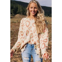 Leopard Animal Print Distressed Trim Fuzzy Sweater - L thumbnail