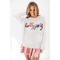 White Holly Jolly Round Neck Casual Sweater - L thumbnail