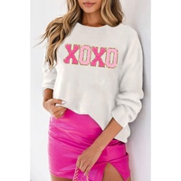 White XOXO Glitter Print Round Neck Casual Sweater - L thumbnail
