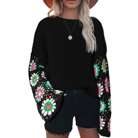 Black Floral Crochet Bell Sleeve Loose Sweater - M thumbnail