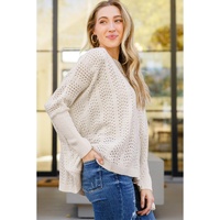 Beige Ribbed Hollow Knit Dolman Sleeve Sweater - L thumbnail