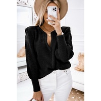 Black Braided Notched V Neckline Puff Sleeve Knitted Sweater - L thumbnail