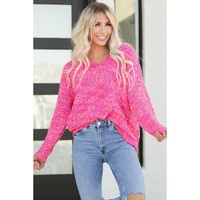 Dark Pink Colorful Spots Knitted V Neck Casual Sweater - XL thumbnail