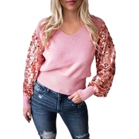 Pink Contrast Sequin Sleeve V Neck Ribbed Knit Sweater - M thumbnail