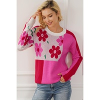 Rose Red Floral Mixed Color Block Sweater - L thumbnail