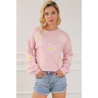 Pink Chenille Daisy Stitching Crew Neck Sweater - L thumbnail