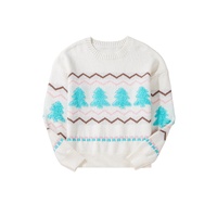 White Striped Christmas Tree Ribbed Trim Drop Shoulder Sweater - M thumbnail